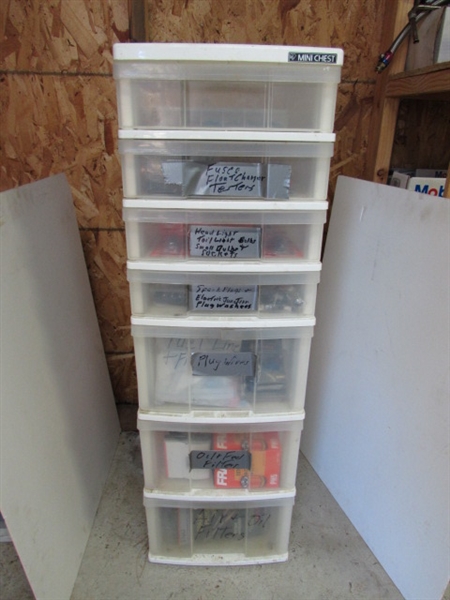 7-DRAWER STORAGE W/CONTENTS - FUSES, MULTIMETERS, SPARK PLUGS & MUCH MORE