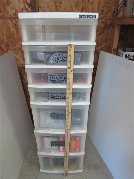 7-DRAWER STORAGE W/CONTENTS - FUSES, MULTIMETERS, SPARK PLUGS & MUCH MORE