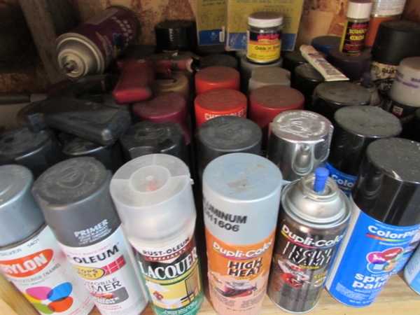 LARGE ASSORTMENT OF SPRAY PAINT, TOUCH UP PAINT & MORE