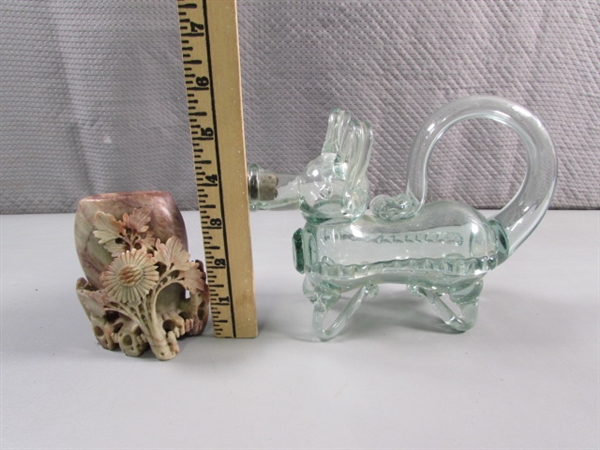 HAND BLOWN GLASS DECANTER & CARVED STONE VASE