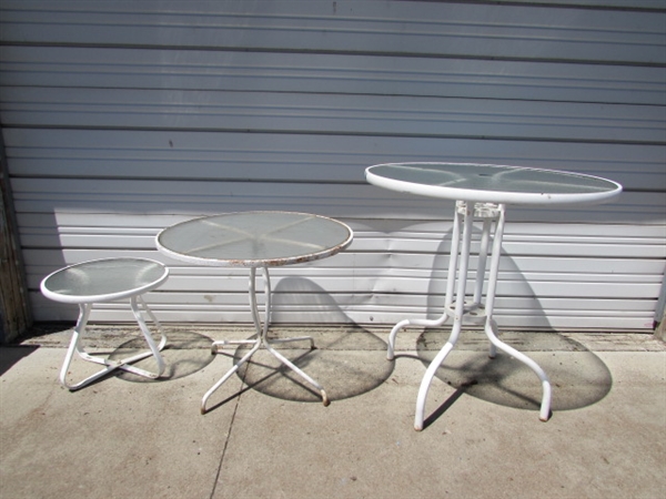3 METAL & TEXTURED GLASS PATIO TABLES
