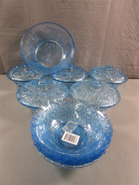 NEW LIGHT BLUE PRESSED GLASS BOWLS & CANDY DISHES W/LIDS