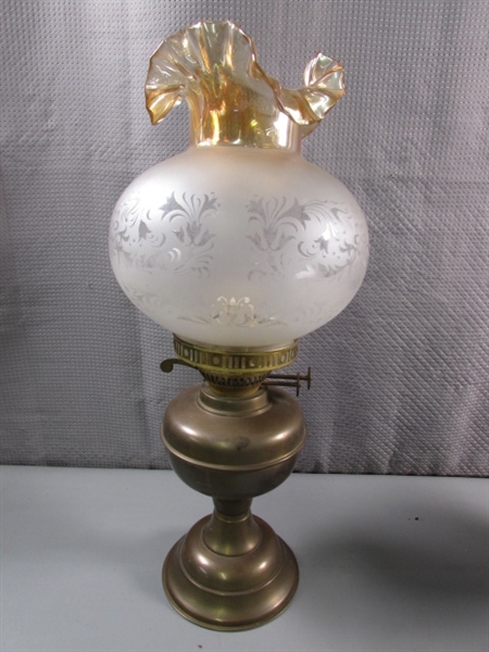 ANTIQUE ENGLISH BRASS OIL LAMP W/FRENCH SHADE & VTG ELECTRIFIED OIL LAMP - NO SHADE