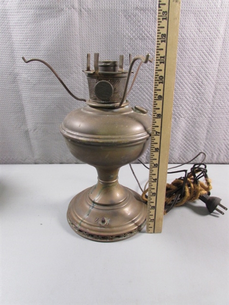 ANTIQUE ENGLISH BRASS OIL LAMP W/FRENCH SHADE & VTG ELECTRIFIED OIL LAMP - NO SHADE