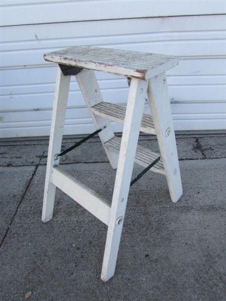 TRIO OF WOODEN PAINTED LADDERS/STEP STOOLS