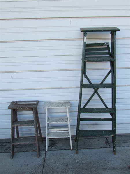 TRIO OF WOODEN PAINTED LADDERS/STEP STOOLS