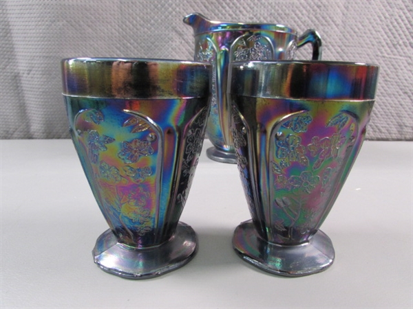 VINTAGE CHERRY BLOSSOM PURPLE IRIDESCENT CARNIVAL GLASS PITCHER & 4 GLASSES