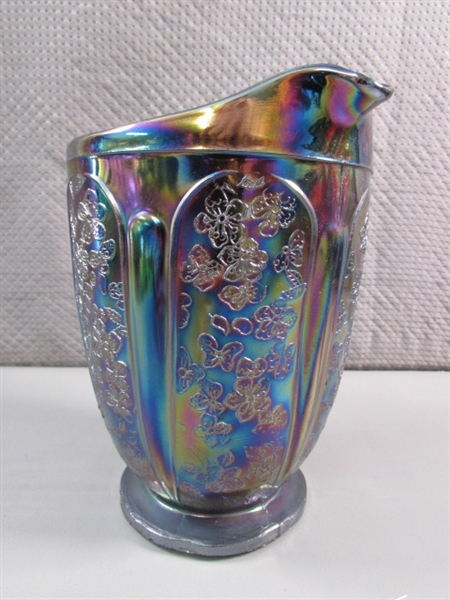 VINTAGE CHERRY BLOSSOM PURPLE IRIDESCENT CARNIVAL GLASS PITCHER & 4 GLASSES