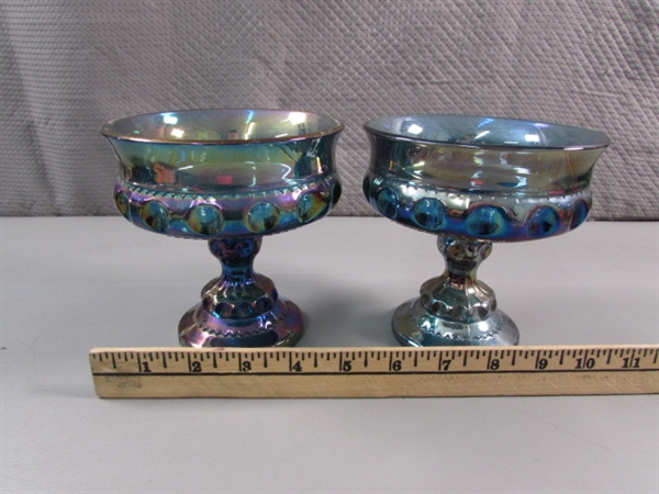VINTAGE INDIANA CARNIVAL GLASS - GARLAND BLUE - FOOTED BOWL & THUMBPRINT PEDESTAL CANDY DISHES