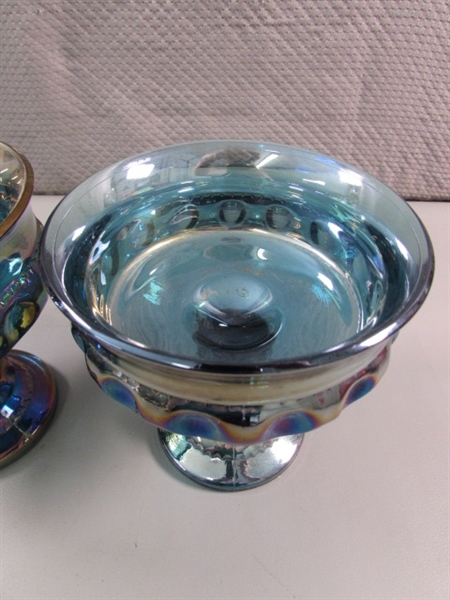 VINTAGE INDIANA CARNIVAL GLASS - GARLAND BLUE - FOOTED BOWL & THUMBPRINT PEDESTAL CANDY DISHES
