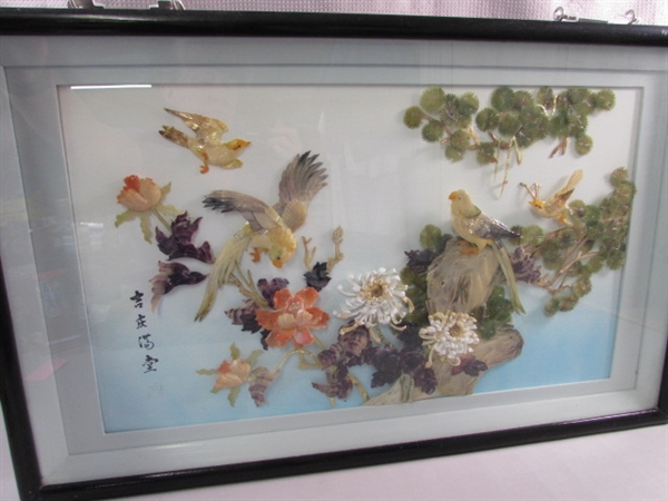 BEAUTIFUL ASIAN INSPIRED FRAMED FLORAL & BIRDS DIORAMA 3D SHELL ART