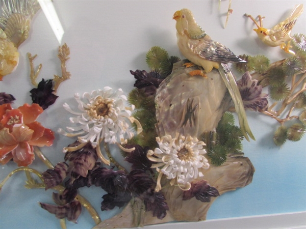 BEAUTIFUL ASIAN INSPIRED FRAMED FLORAL & BIRDS DIORAMA 3D SHELL ART