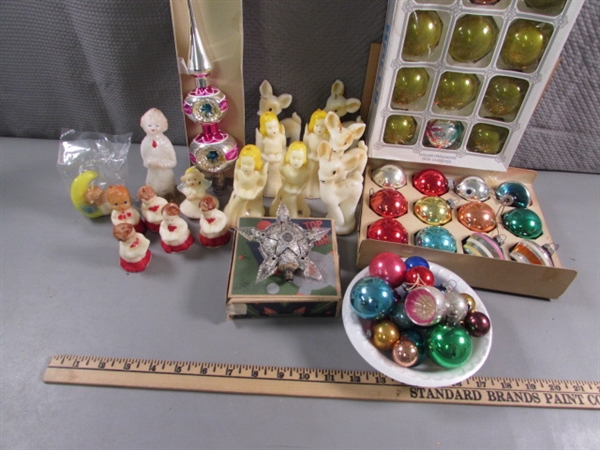 VINTAGE CHRISTMAS ORNAMENTS, TREE TOPPERS & CANDLES