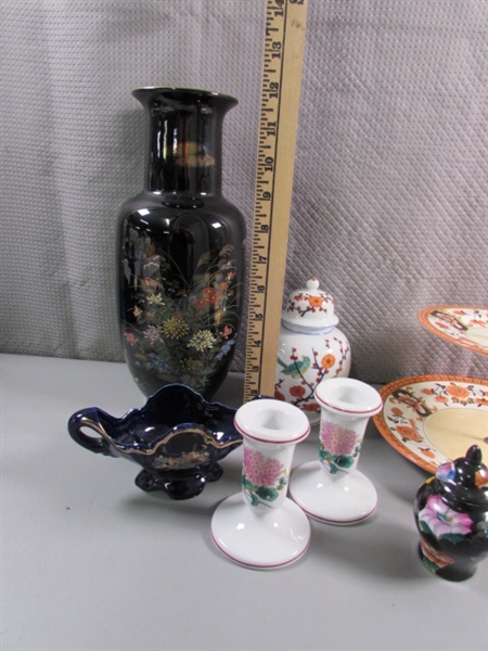 JAPANESE VASES, CANDLE HOLDERS, TIERED PLATE & MORE