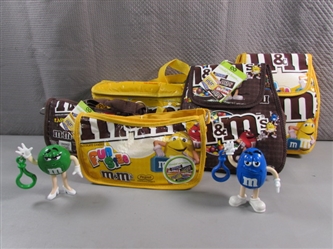 NWT M&M THEMED HANDBAGS, LUNCHBAG, SMALL BACKPACKS & CLIP ON DISPENSERS