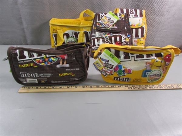 NWT M&M THEMED HANDBAGS, LUNCHBAG, SMALL BACKPACKS & CLIP ON DISPENSERS