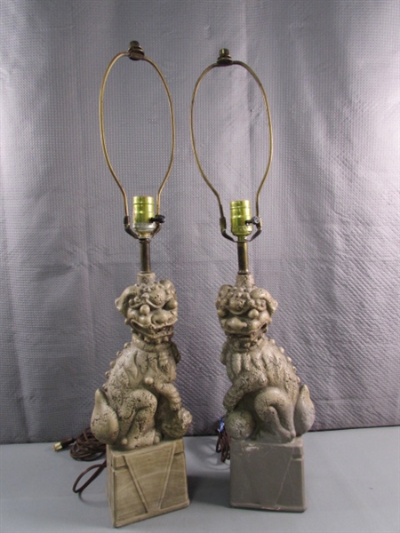 VINTAGE FOO LION DOG TABLE LAMPS - 1 HAS BEEN PAINTED