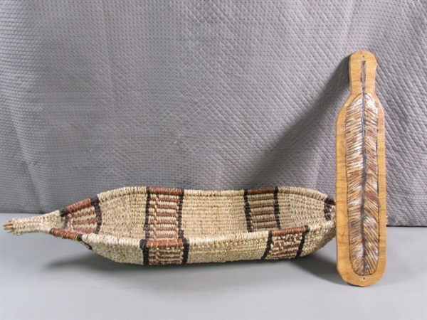 WOVEN BREAD BASKET & CARVED WOOD FEATHER