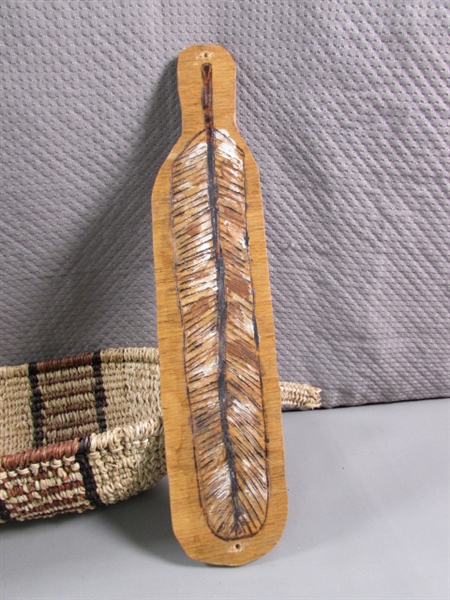 WOVEN BREAD BASKET & CARVED WOOD FEATHER