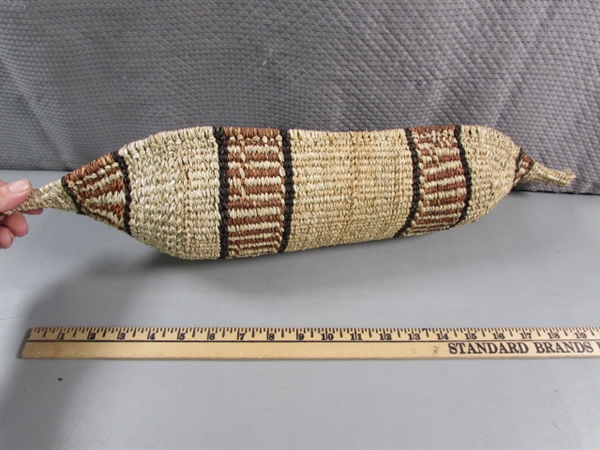 WOVEN BREAD BASKET & CARVED WOOD FEATHER