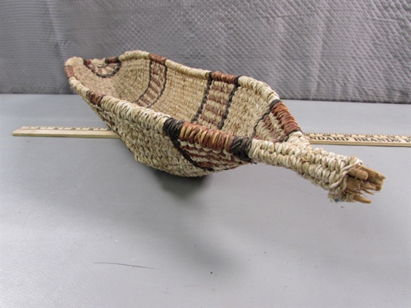 WOVEN BREAD BASKET & CARVED WOOD FEATHER