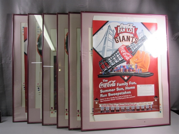 6 POSTER FRAMES (WITH GLASS) W/COCA-COLA ADVERTISEMENTS