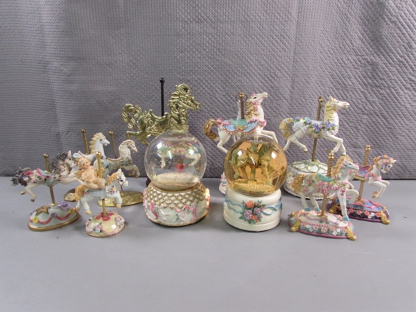 CAROUSEL HORSE FIGURINES & 2 SNOW GLOBES