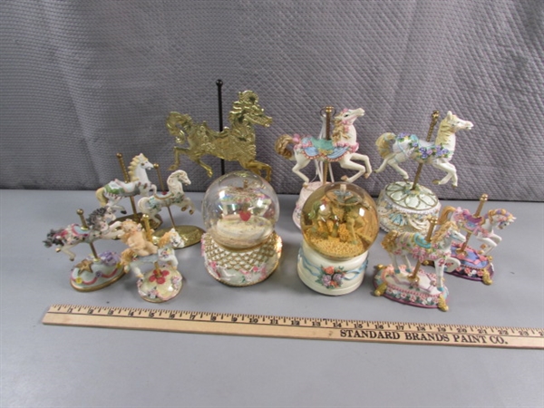 CAROUSEL HORSE FIGURINES & 2 SNOW GLOBES