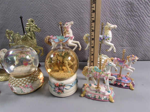 CAROUSEL HORSE FIGURINES & 2 SNOW GLOBES