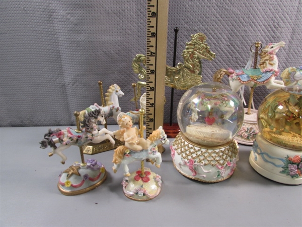 CAROUSEL HORSE FIGURINES & 2 SNOW GLOBES