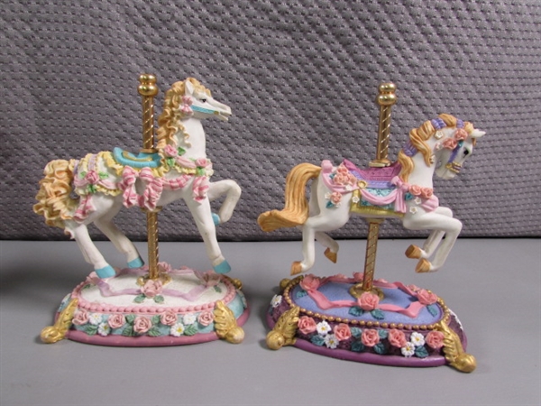 CAROUSEL HORSE FIGURINES & 2 SNOW GLOBES