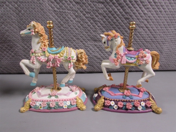 CAROUSEL HORSE FIGURINES & 2 SNOW GLOBES