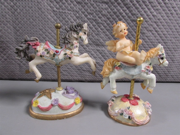 CAROUSEL HORSE FIGURINES & 2 SNOW GLOBES