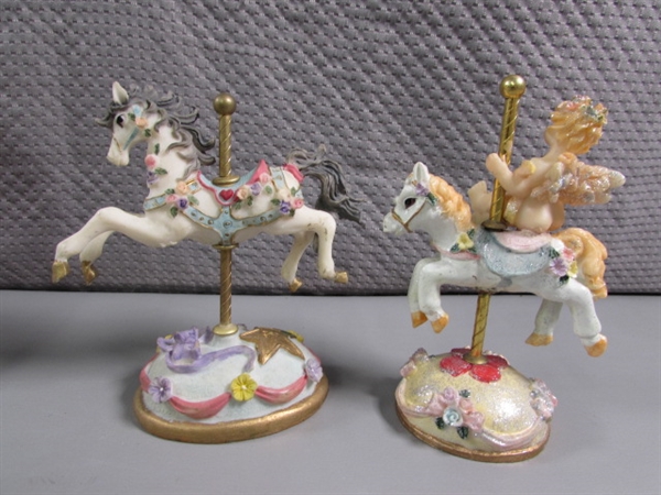 CAROUSEL HORSE FIGURINES & 2 SNOW GLOBES