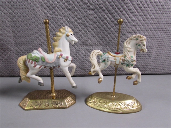 CAROUSEL HORSE FIGURINES & 2 SNOW GLOBES