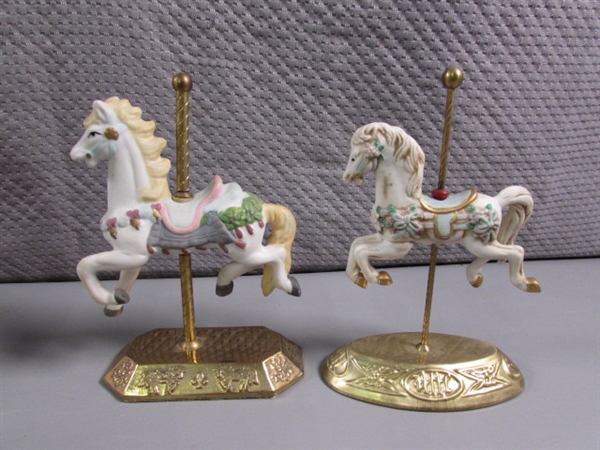 CAROUSEL HORSE FIGURINES & 2 SNOW GLOBES