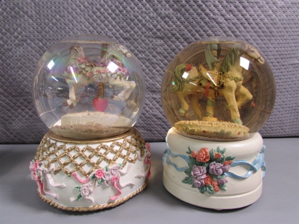 CAROUSEL HORSE FIGURINES & 2 SNOW GLOBES