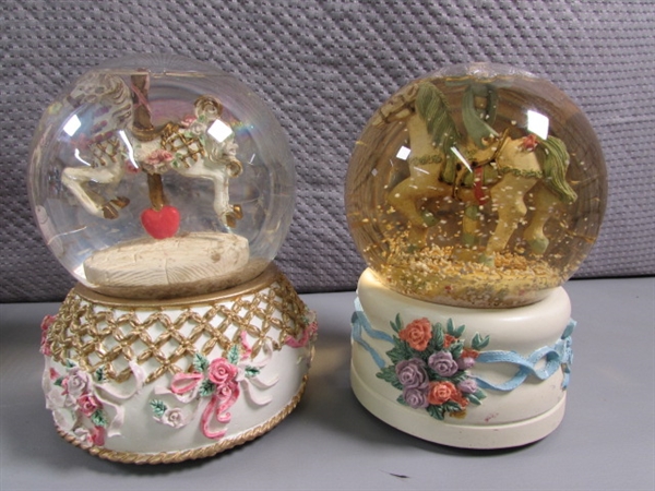 CAROUSEL HORSE FIGURINES & 2 SNOW GLOBES