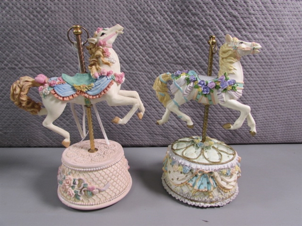 CAROUSEL HORSE FIGURINES & 2 SNOW GLOBES