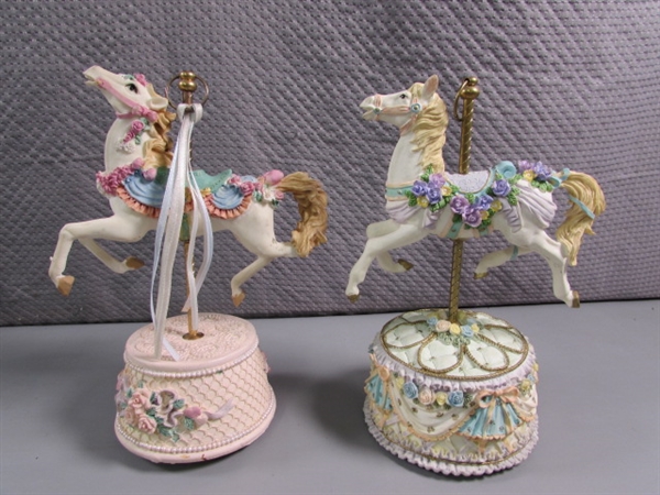 CAROUSEL HORSE FIGURINES & 2 SNOW GLOBES