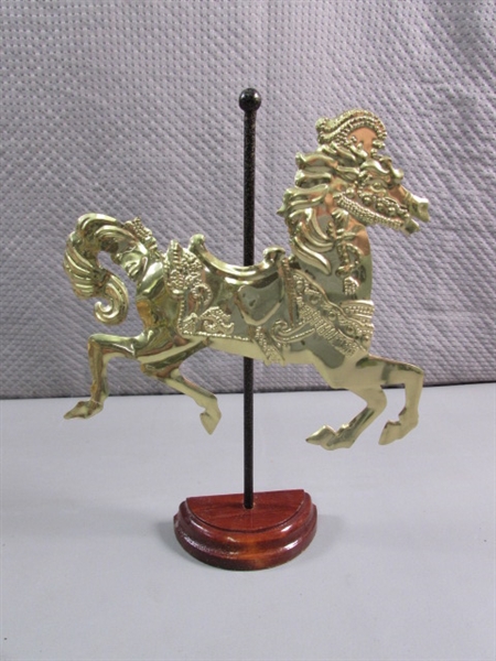 CAROUSEL HORSE FIGURINES & 2 SNOW GLOBES