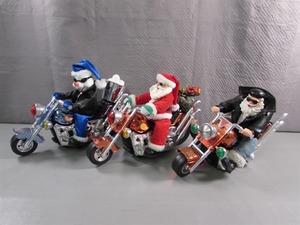 ANIMATED SANTAS & A SNOWMAN ON HARLEY DAVIDSON MOTORCYCLES - UNTESTED