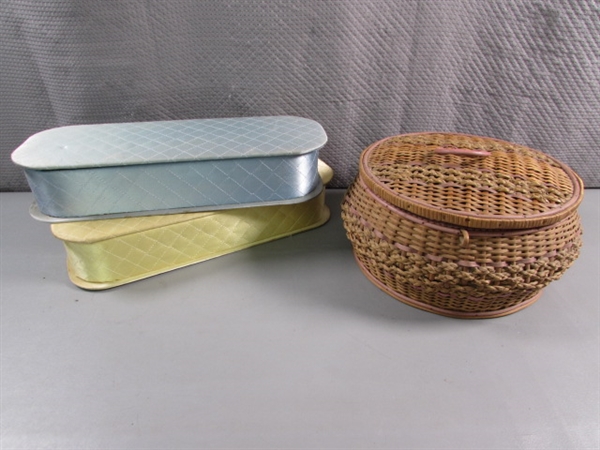 VINTAGE GERMAN WOVEN SEWING BASKET & 2 SATIN TRINKET/SEWING BOXES W/HINGED LIDS