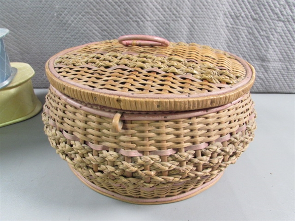 VINTAGE GERMAN WOVEN SEWING BASKET & 2 SATIN TRINKET/SEWING BOXES W/HINGED LIDS