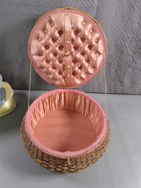 VINTAGE GERMAN WOVEN SEWING BASKET & 2 SATIN TRINKET/SEWING BOXES W/HINGED LIDS