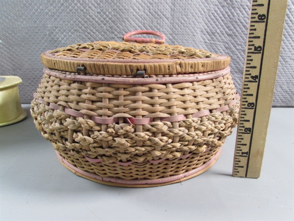 VINTAGE GERMAN WOVEN SEWING BASKET & 2 SATIN TRINKET/SEWING BOXES W/HINGED LIDS