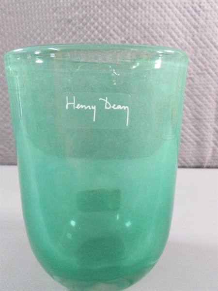 2 SMALL HAND BLOWN HEAVY GREEN ART GLASS VASES SIGNED BY HENRY DEAN