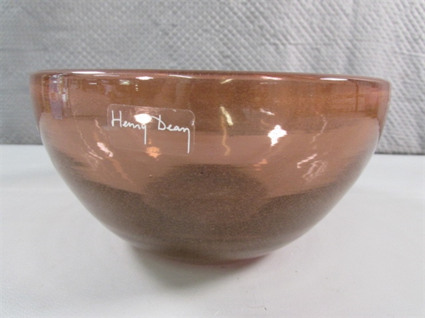 HAND BLOWN HEAVY ART GLASS BOWL BY HENRY DEAN - BROWN