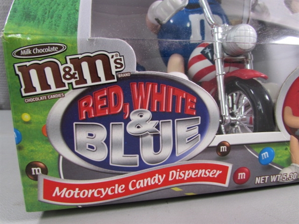 NEW RED, WHITE & BLUE MOTORCYCLE M&M CANDY DISPENSER