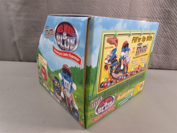 NEW RED, WHITE & BLUE MOTORCYCLE M&M CANDY DISPENSER